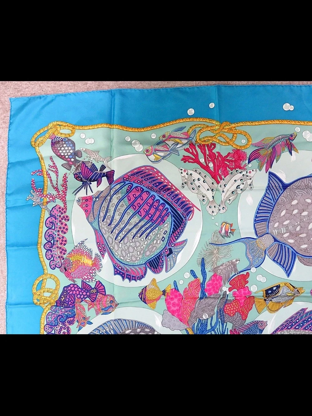 Hermes Turquoise Blue Marine Life Silk Scarf with Multicolor Fish
